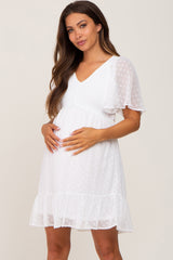 White Swiss Dot Chiffon Smocked Short Sleeve Maternity Dress