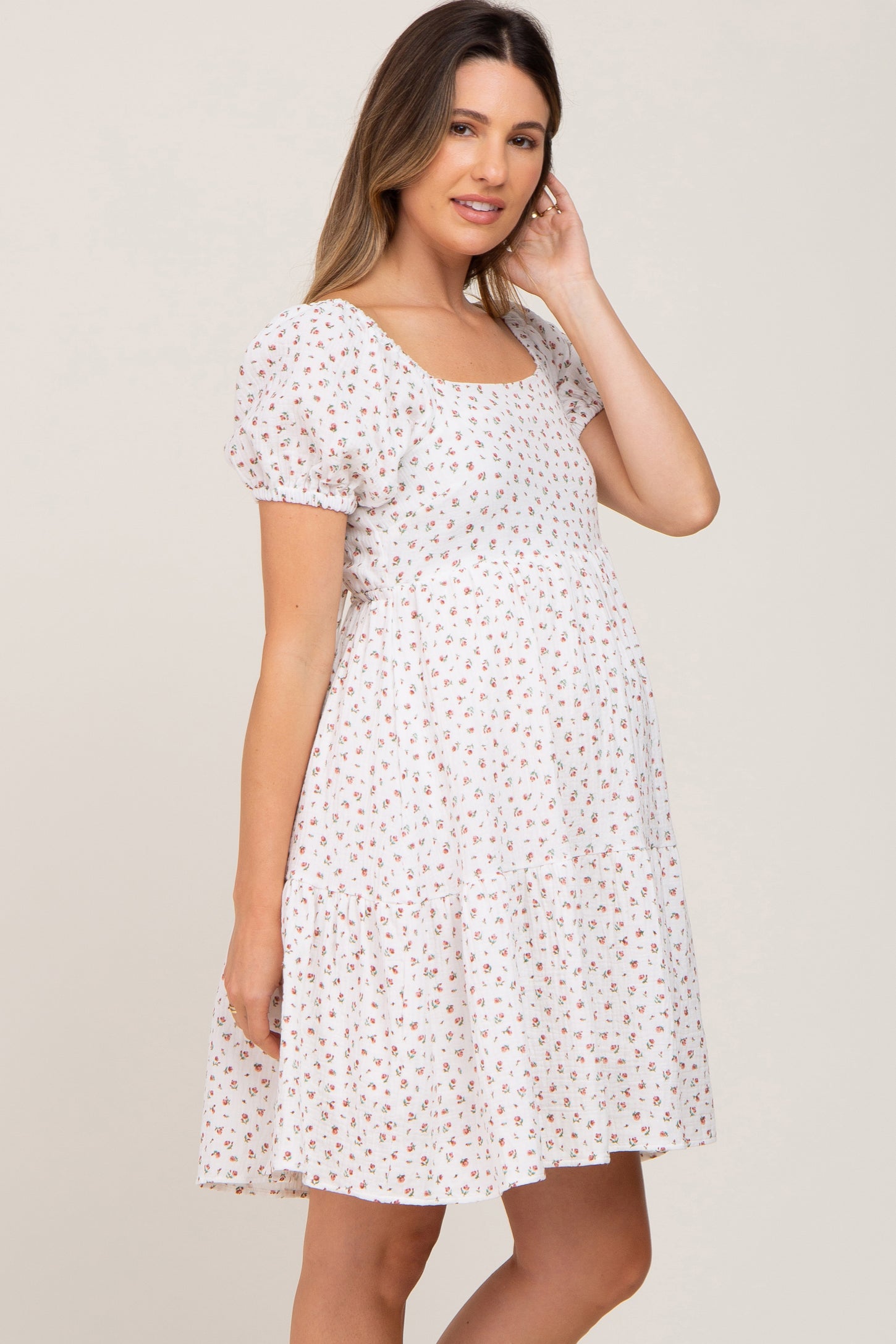 Ivory Floral Puff Sleeve Maternity Dress