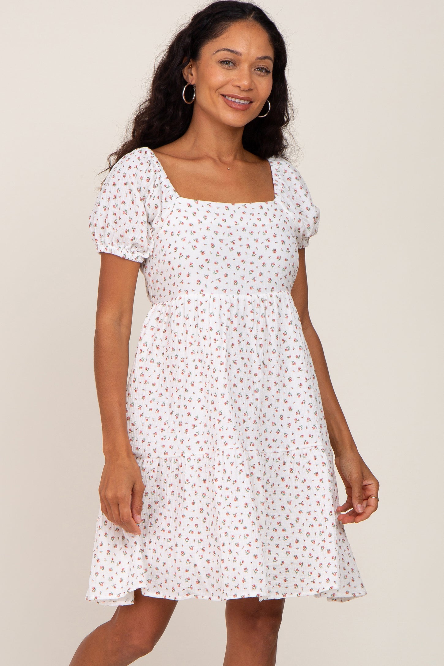 Ivory Floral Puff Sleeve Maternity Dress