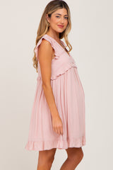 Light Pink Crochet Trim V-Neck Maternity Dress