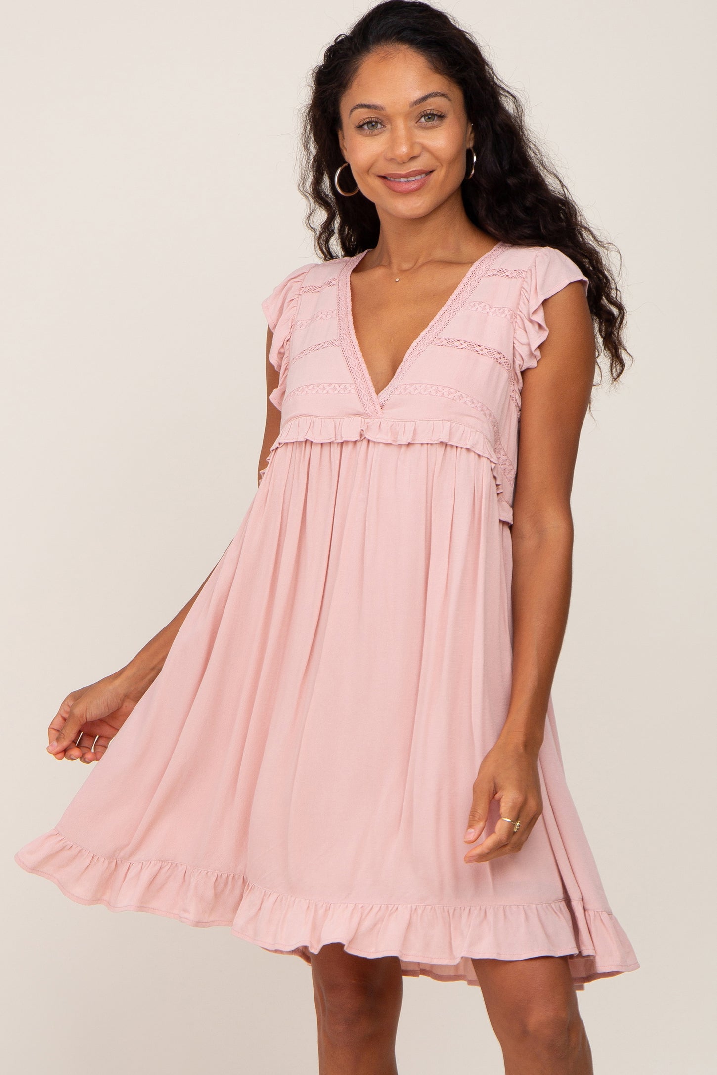 Light Pink Crochet Trim V-Neck Dress