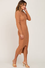 Camel Ribbed Button Accent Long Sleeve Dress