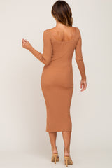 Camel Ribbed Button Accent Long Sleeve Dress