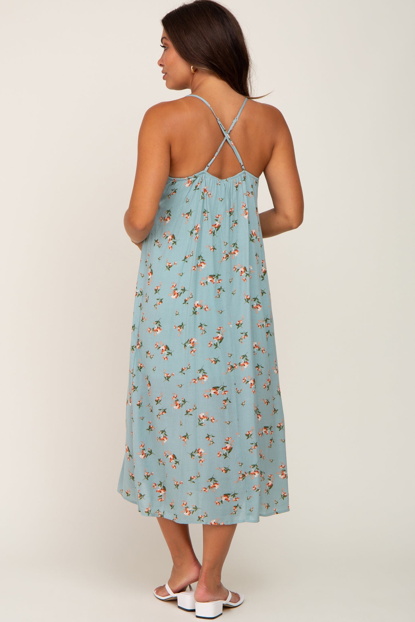 Light Blue Floral Sleeveless Maternity Maxi Dress