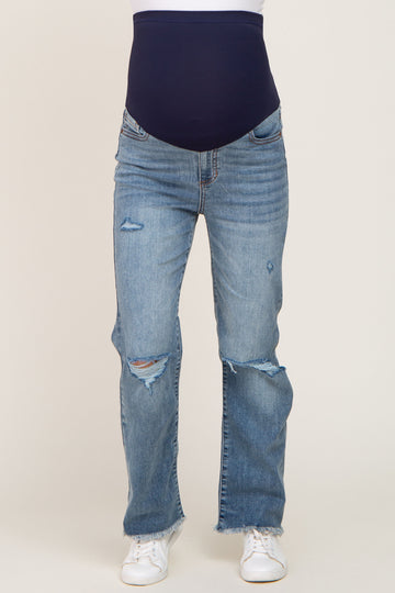 Blue Open Knee Maternity Straight Leg Jeans
