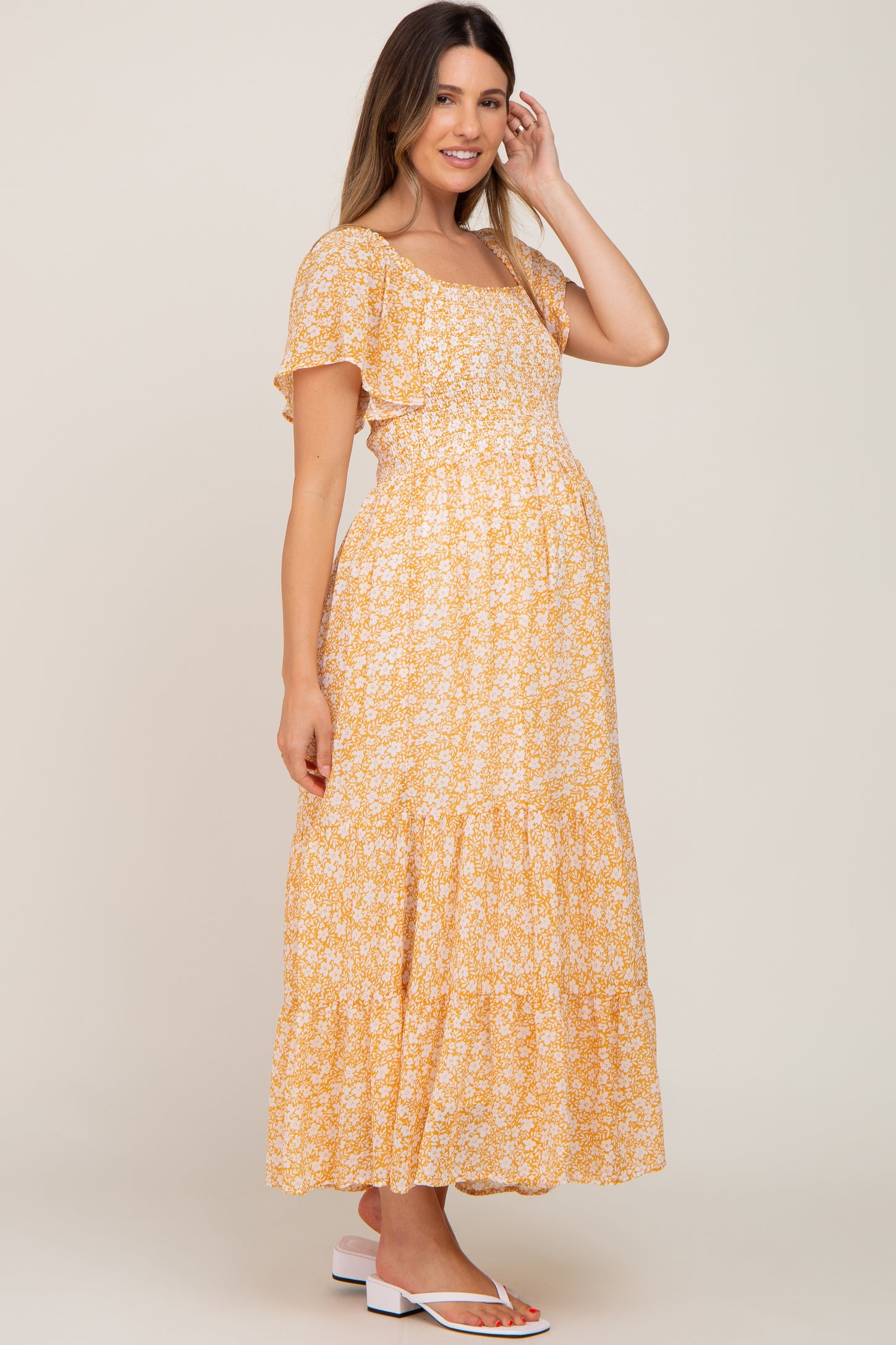 Mustard Floral Smocked Tiered Maternity Maxi Dress