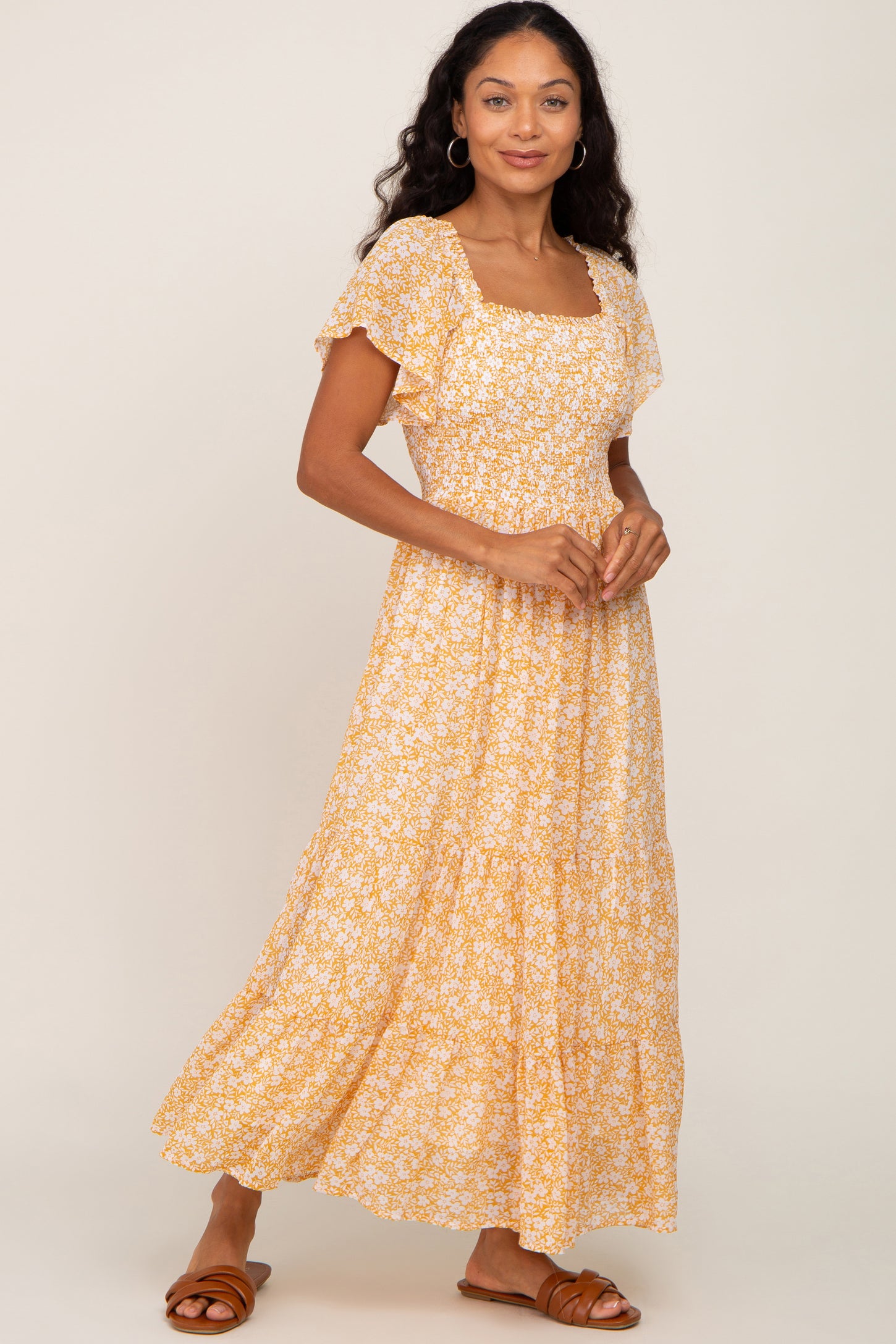 Mustard Floral Smocked Tiered Maternity Maxi Dress