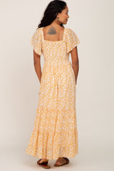Mustard Floral Smocked Tiered Maxi Dress