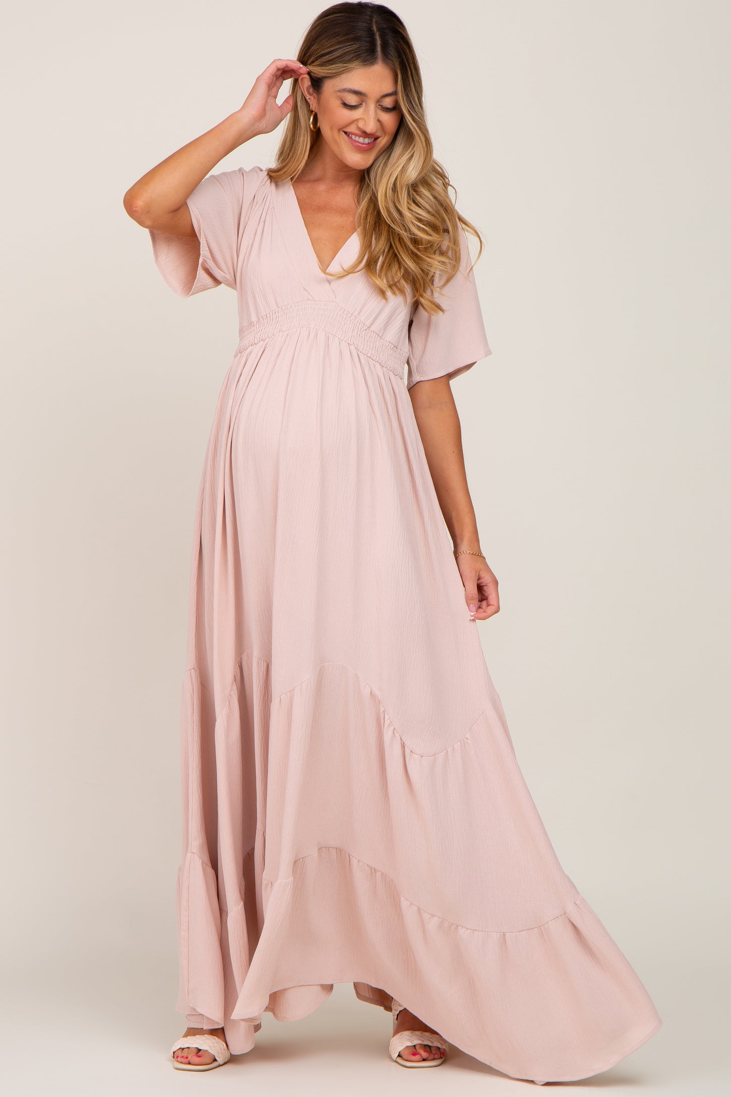 Light Pink Deep V-Neck Maternity Maxi Dress– PinkBlush