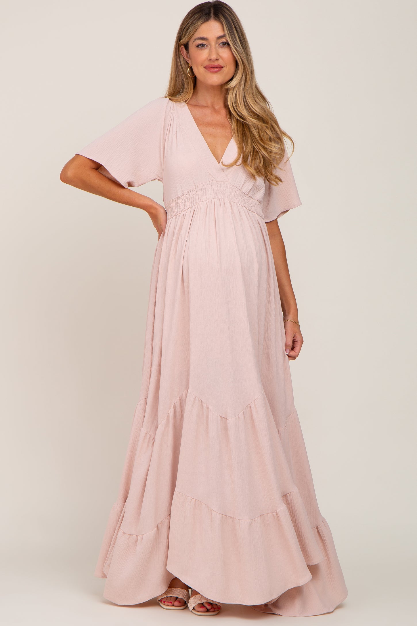 Light Pink Deep V-Neck Maternity Maxi Dress
