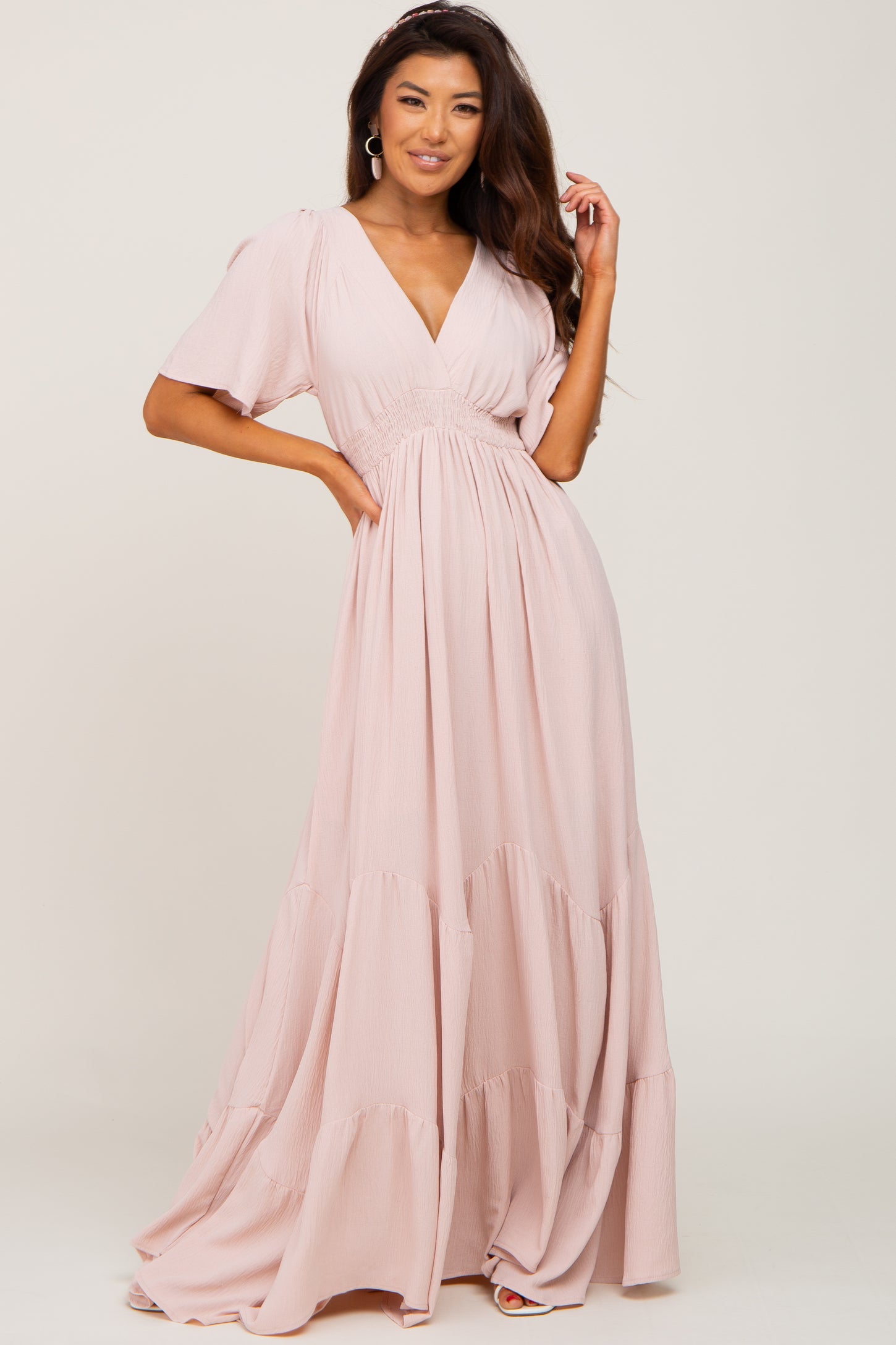 light pink v neck dress Daily Casual Linen Dress Light Pink Cross Neck Pocket Maxi Dress-chiclody