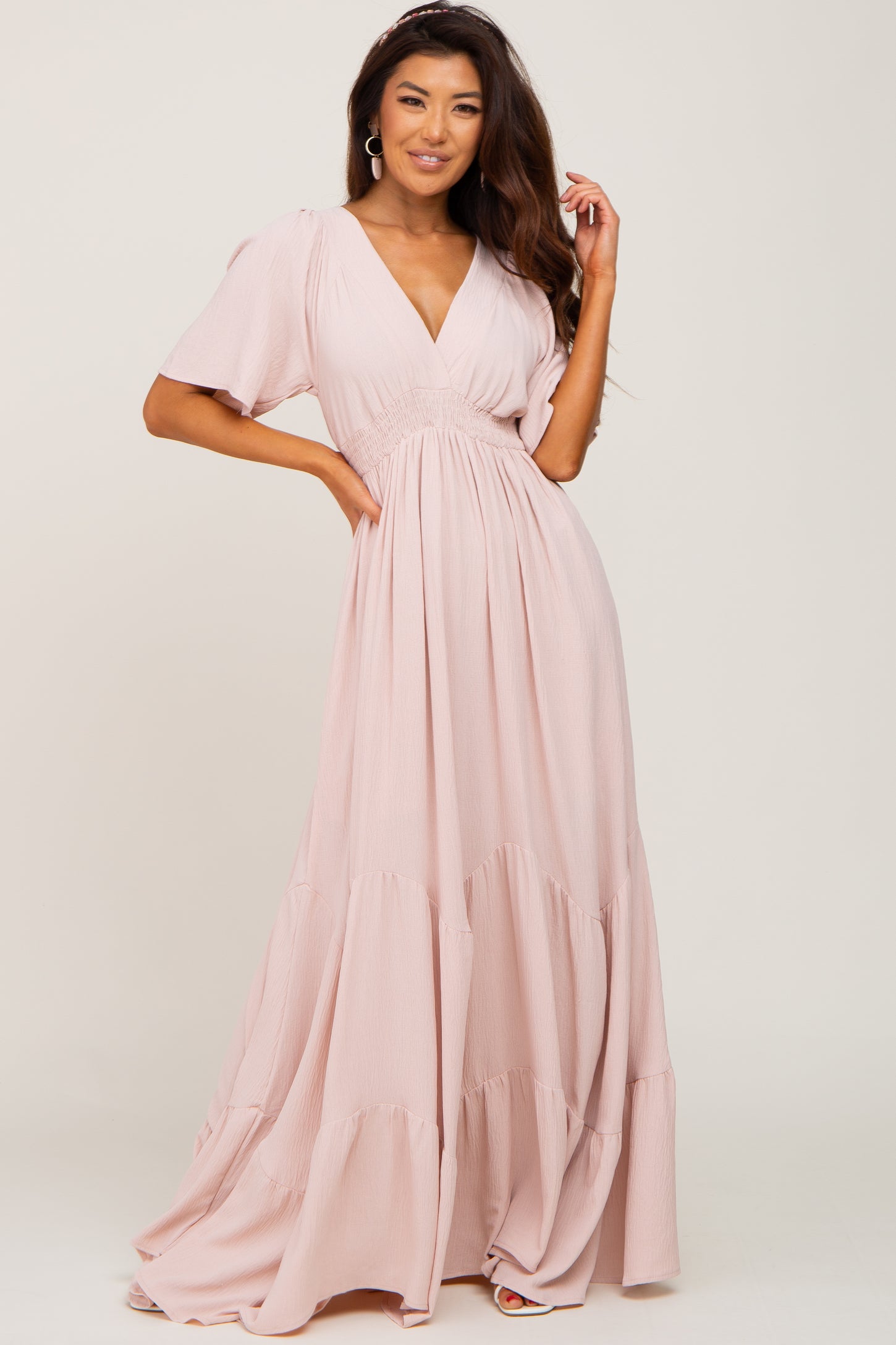 Light Pink Deep V-Neck Maternity Maxi Dress– PinkBlush