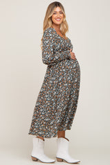 Forest Green Floral Maternity Midi Dress