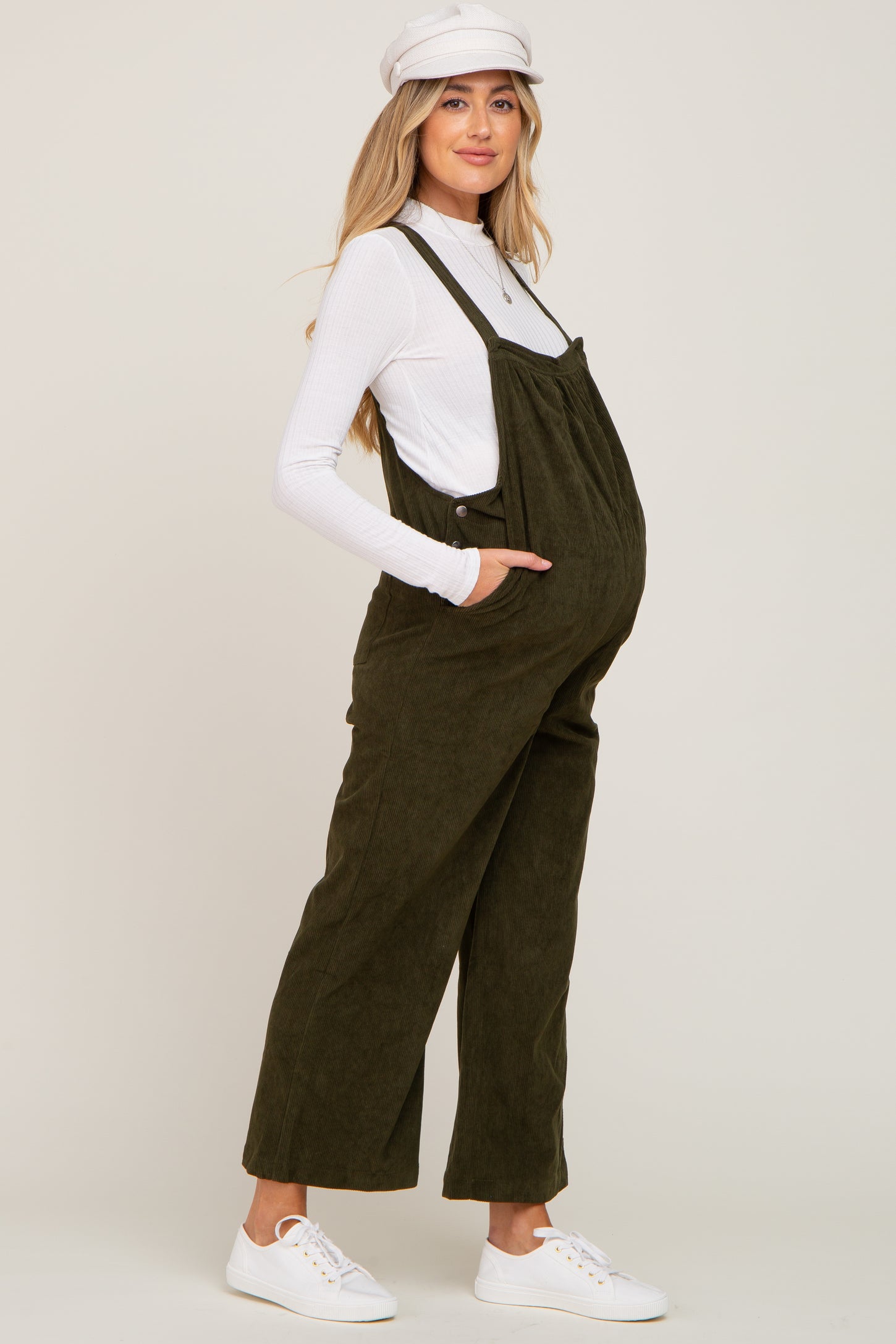 Olive Corduroy Maternity Overalls PinkBlush