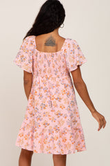 Pink Floral Gauze Square Neck Short Sleeve Dress