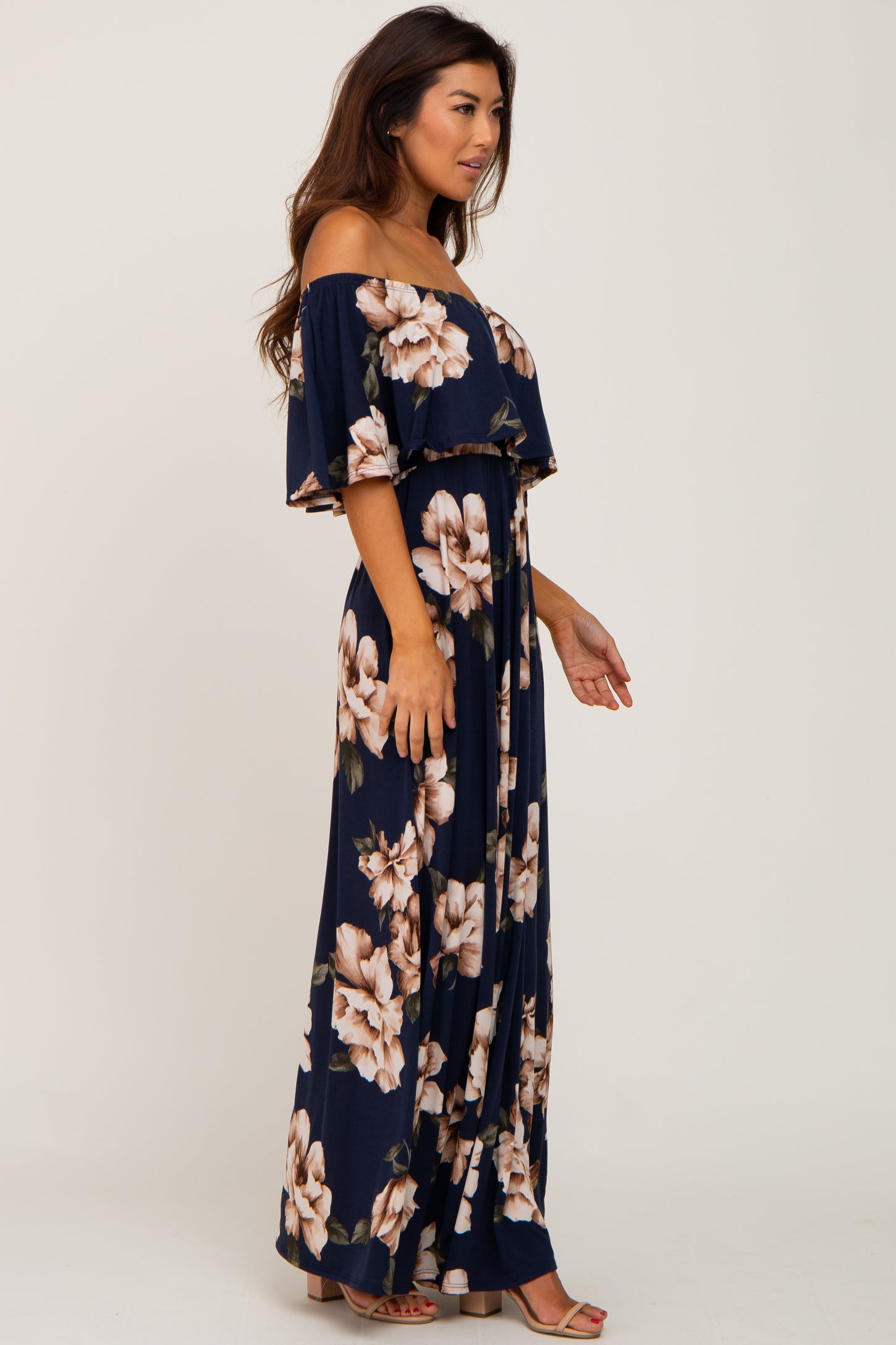 Navy Floral Flounce Off Shoulder Maxi Dress