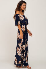 Navy Floral Flounce Off Shoulder Maxi Dress