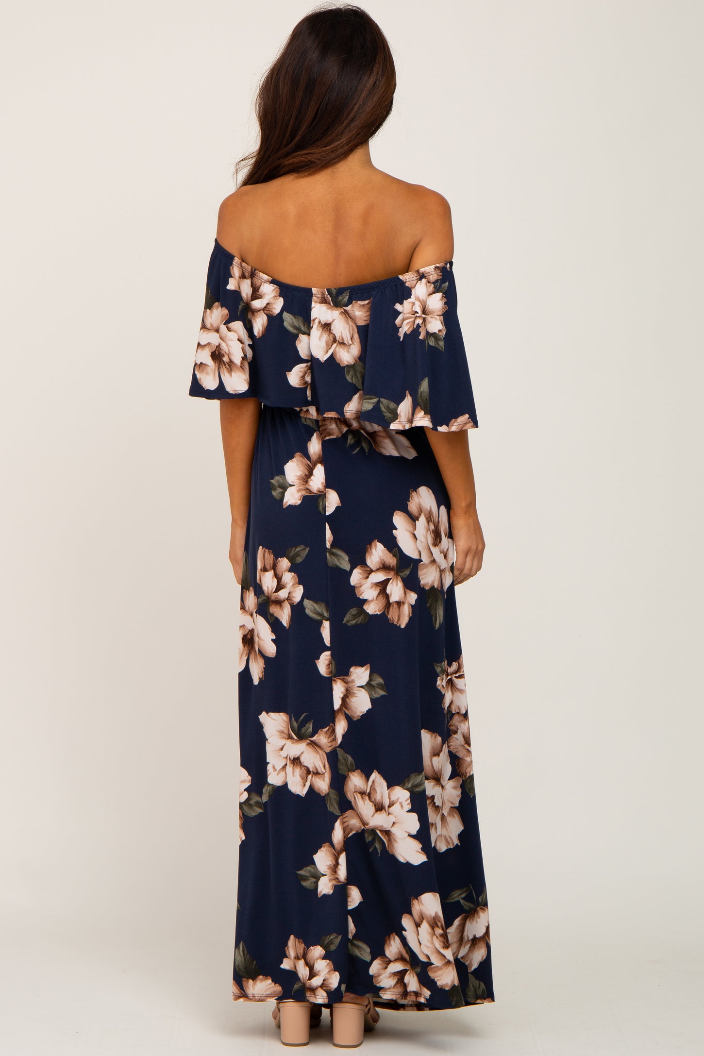 Navy Floral Flounce Off Shoulder Maxi Dress