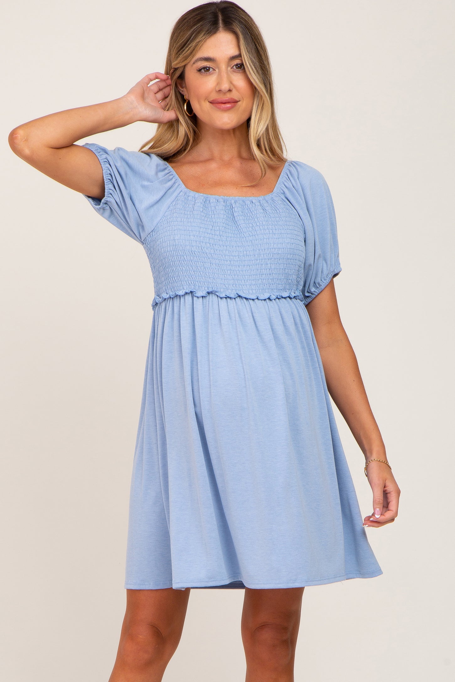 Blue Smocked Maternity Dress