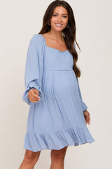 Light Blue Square Neck Puff Long Sleeve Maternity Dress