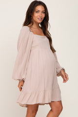Taupe Square Neck Puff Long Sleeve Maternity Dress