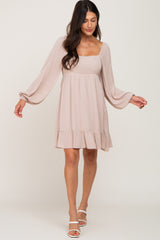 Taupe Square Neck Puff Long Sleeve Dress