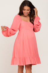 Coral Square Neck Puff Long Sleeve Maternity Dress
