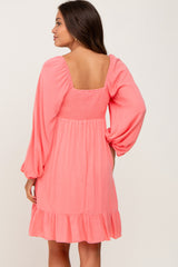 Coral Square Neck Puff Long Sleeve Maternity Dress