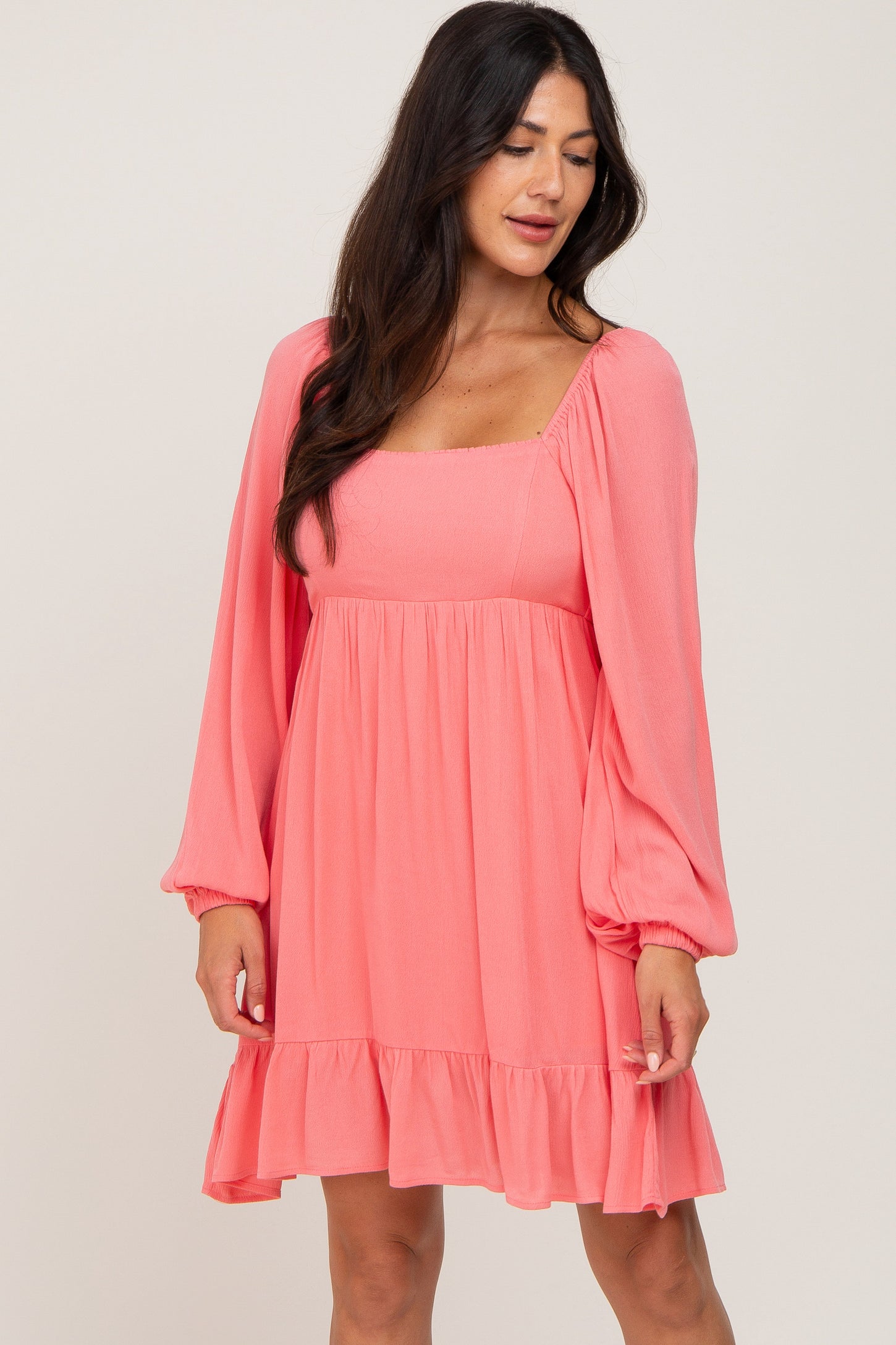 Coral Square Neck Puff Long Sleeve Dress