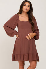 Brown Square Neck Puff Long Sleeve Maternity Dress