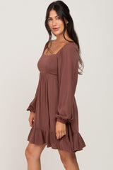 Brown Square Neck Puff Long Sleeve Dress