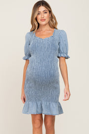 Light Blue Smocked Puff Sleeve Maternity Dress
