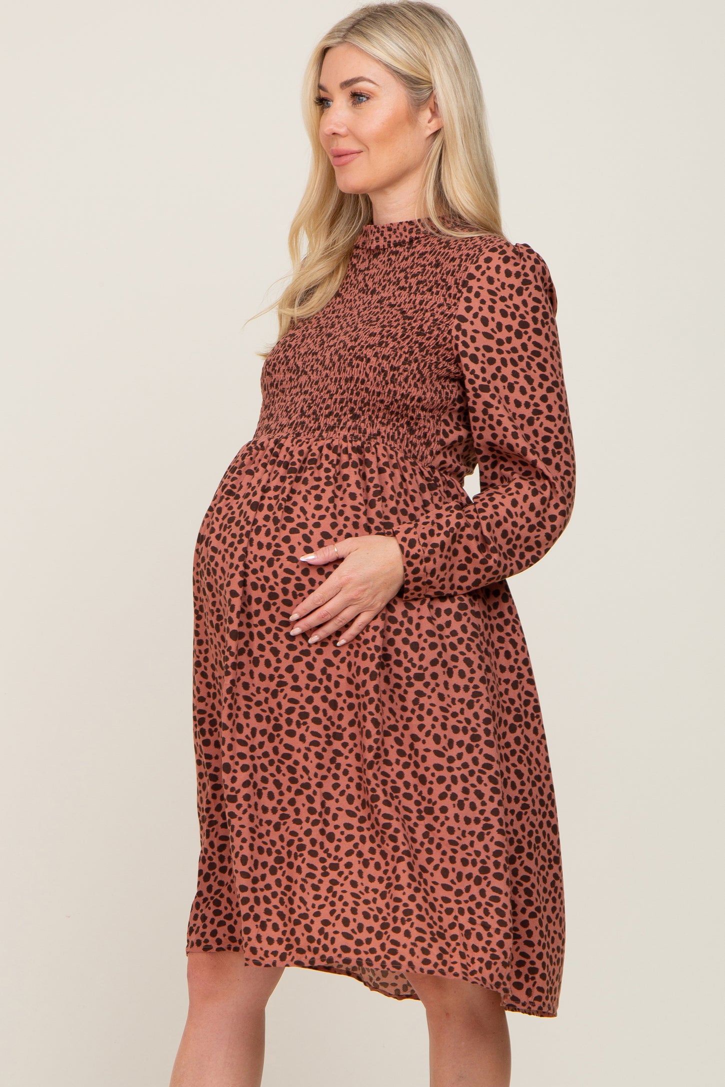 Mauve Animal Print Smocked Long Sleeve Maternity Midi Dress