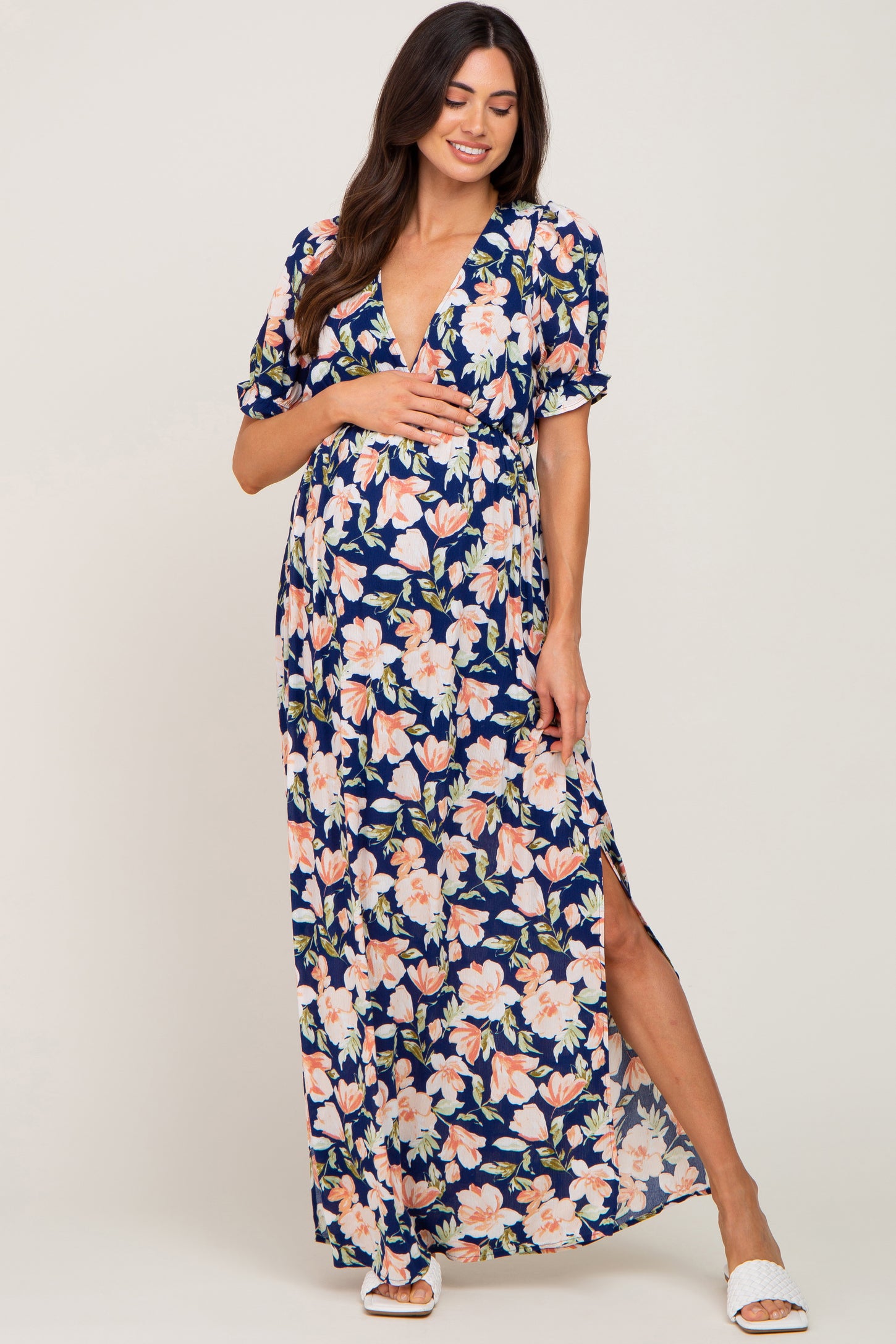 Navy Floral V-Neck Side Slit Maternity Maxi Dress– PinkBlush