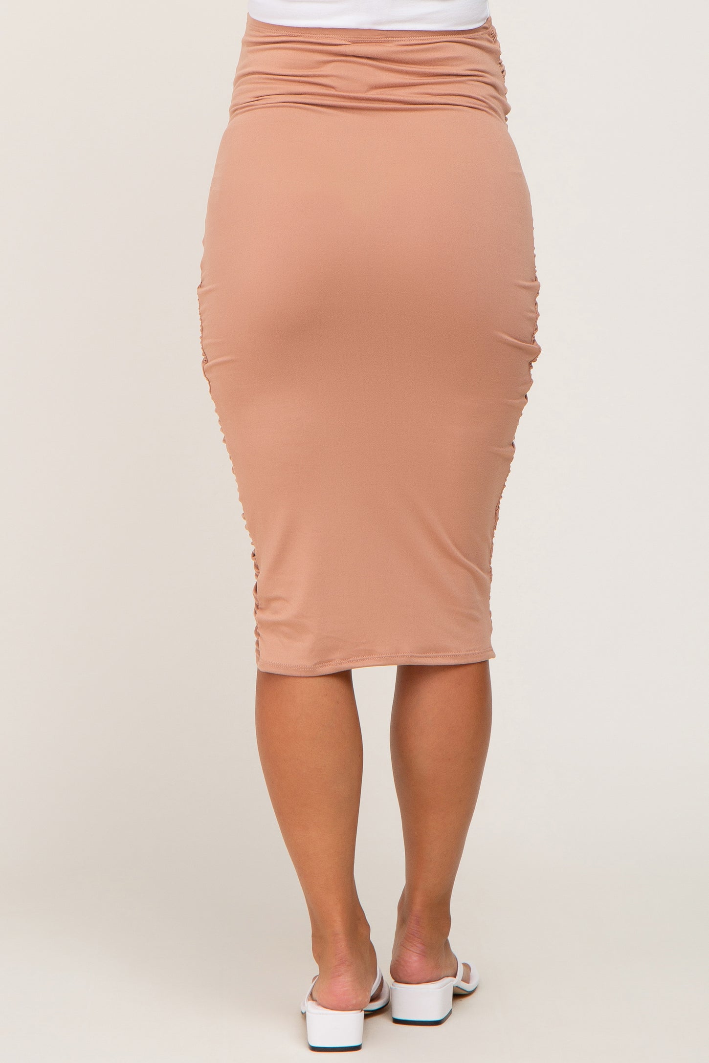Mocha Ruched Wrap Front Maternity Midi Skirt