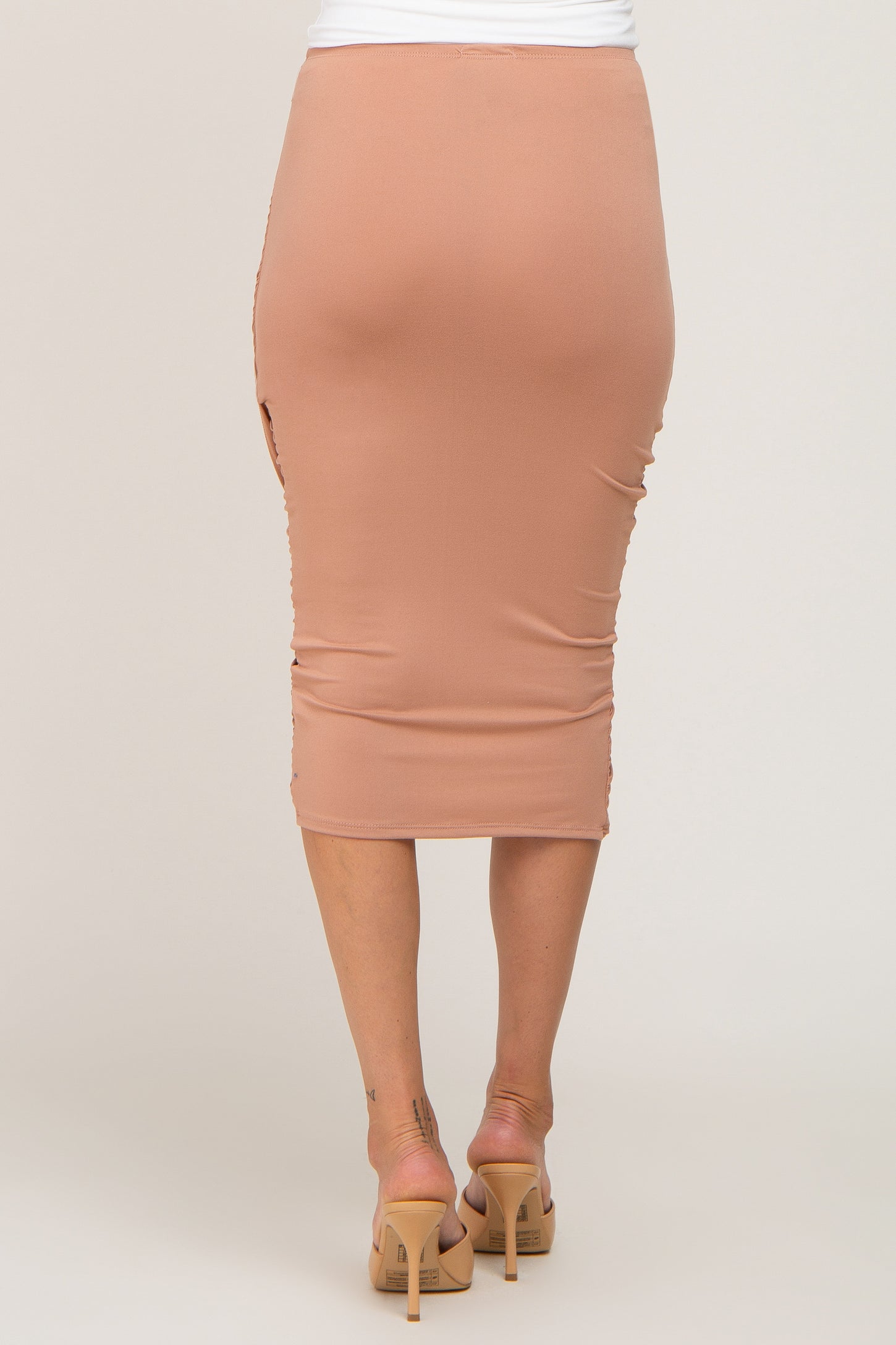 Mocha Ruched Wrap Front Midi Skirt
