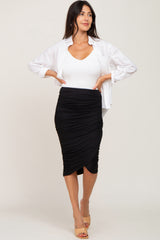Black Ruched Wrap Front Maternity Midi Skirt