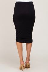 Black Ruched Wrap Front Midi Skirt