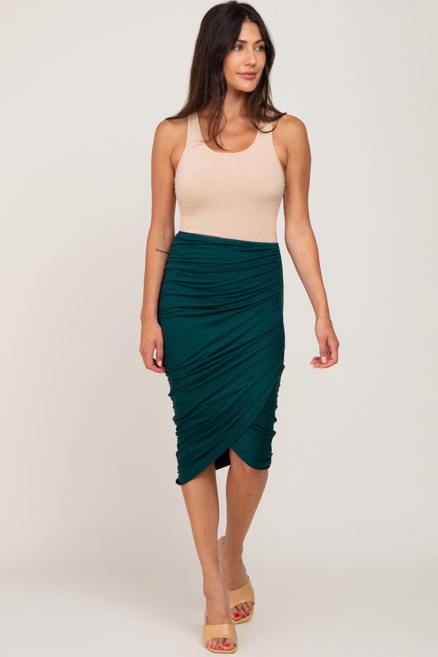 Forest Green Ruched Wrap Front Midi Skirt
