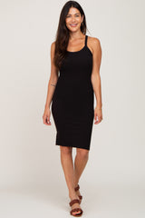 Black Ribbed Fitted Sleeveless Dress