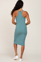 Teal Ribbed Fitted Sleeveless Dress