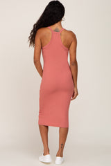 Rust Ribbed Fitted Sleeveless Dress