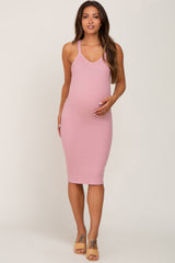 Pink Ribbed Fitted Sleeveless Maternity Dress