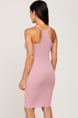 Pink Ribbed Fitted Sleeveless Dress