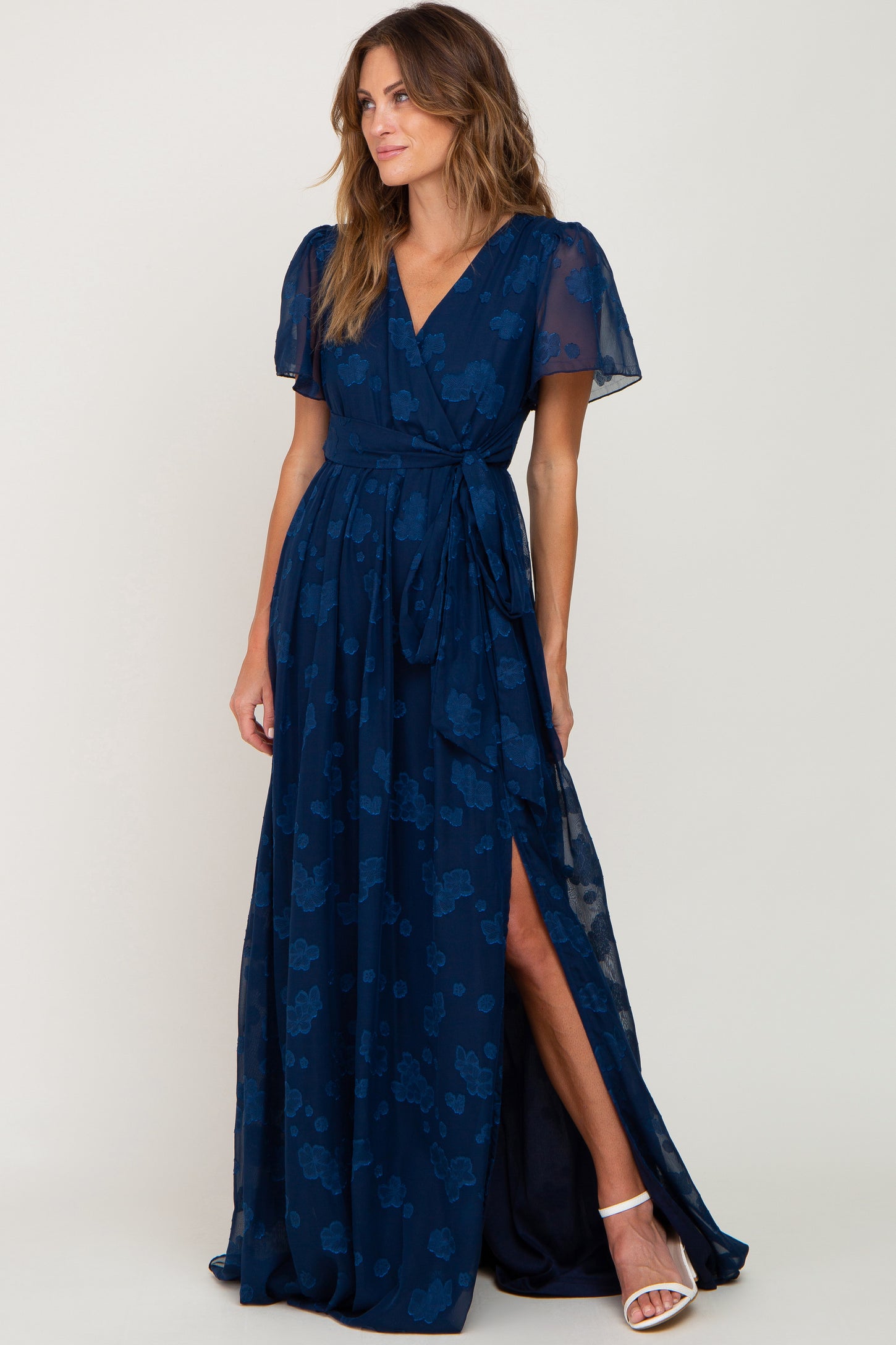 Navy Blue Floral Applique Chiffon Maxi Dress