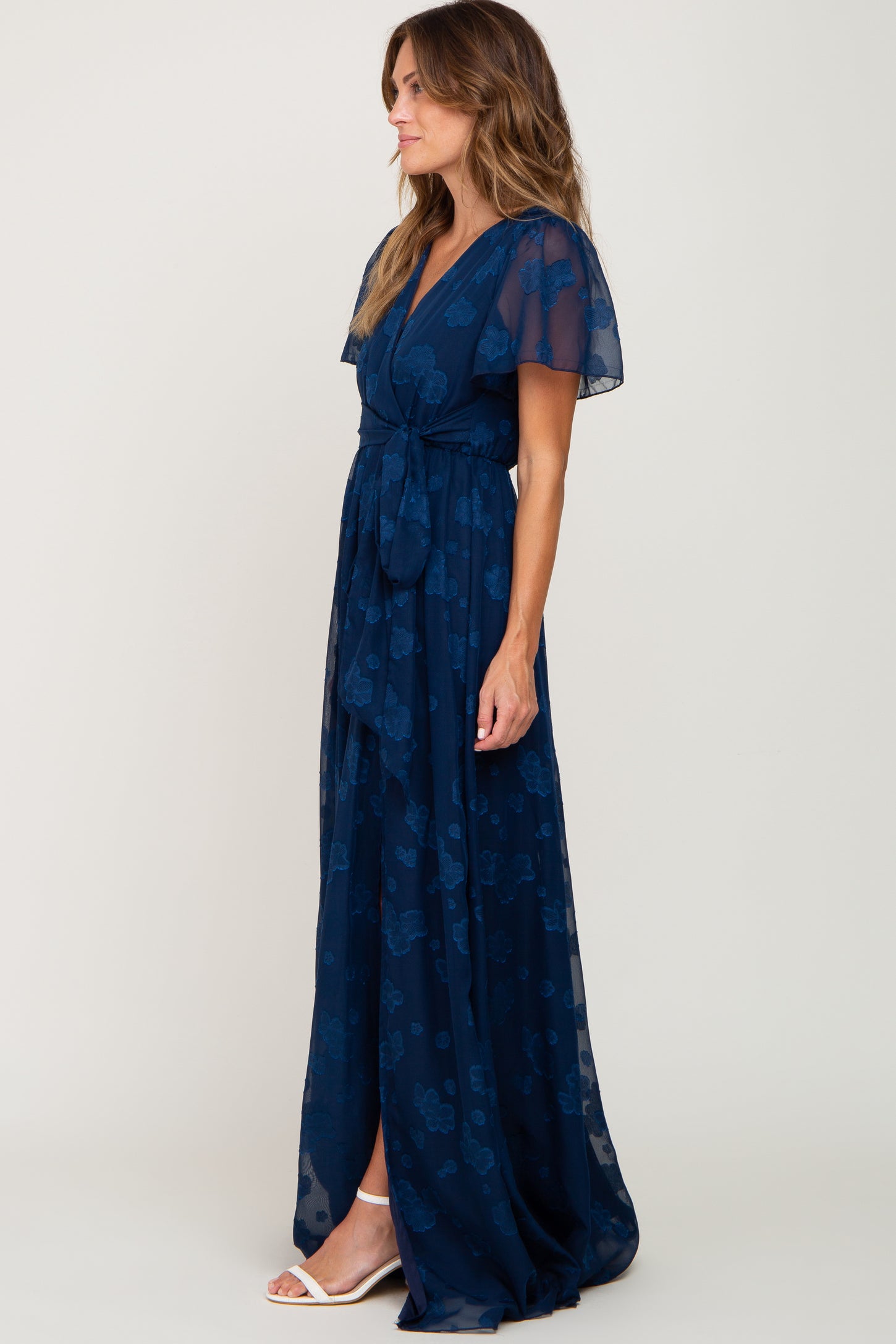 Navy Blue Floral Applique Chiffon Maxi Dress PinkBlush Navy Blue Floral Applique Chiffon Maxi Dress PinkBlush