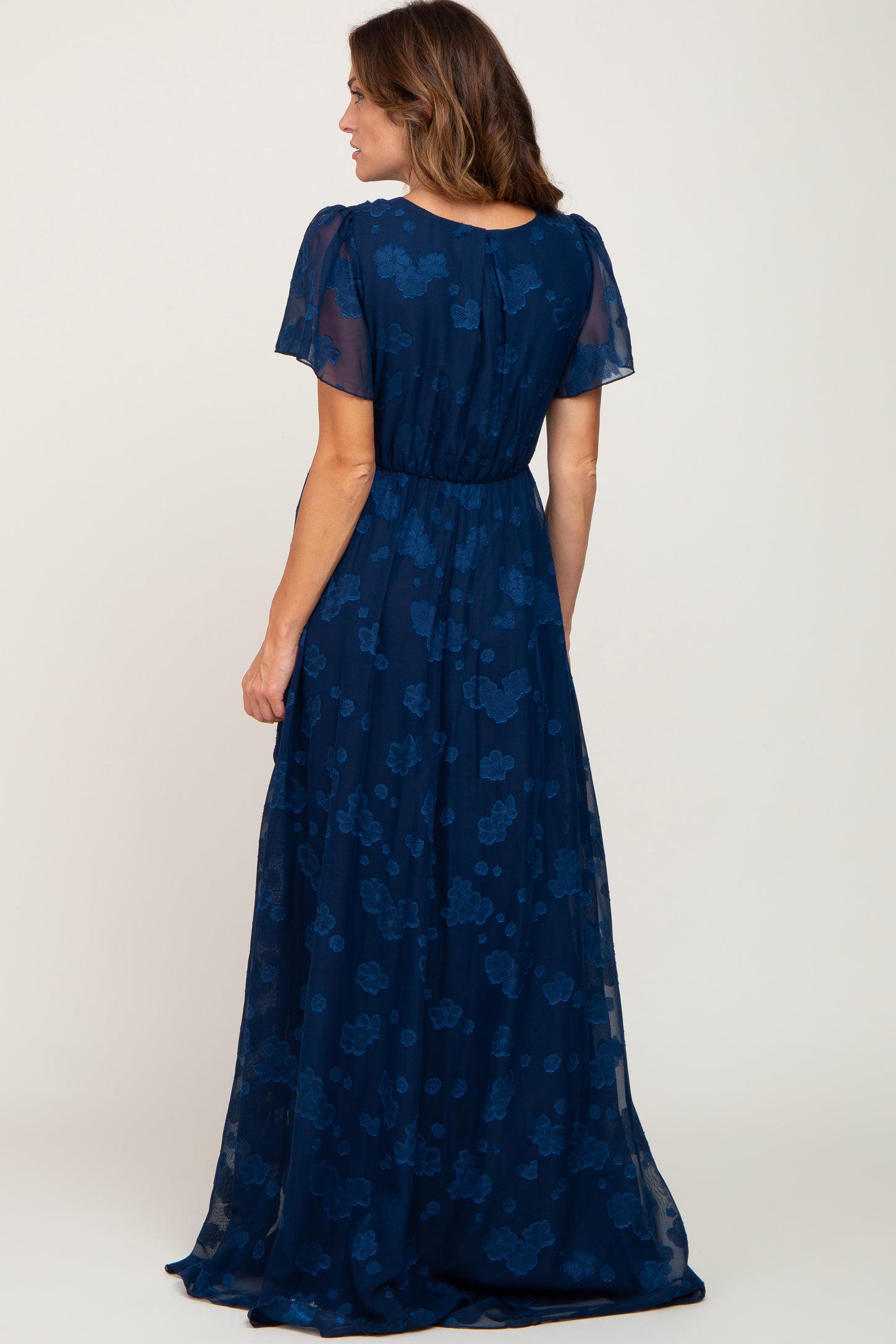 Navy Blue Floral Applique Chiffon Maxi Dress PinkBlush Navy Blue Floral Applique Chiffon Maxi Dress PinkBlush