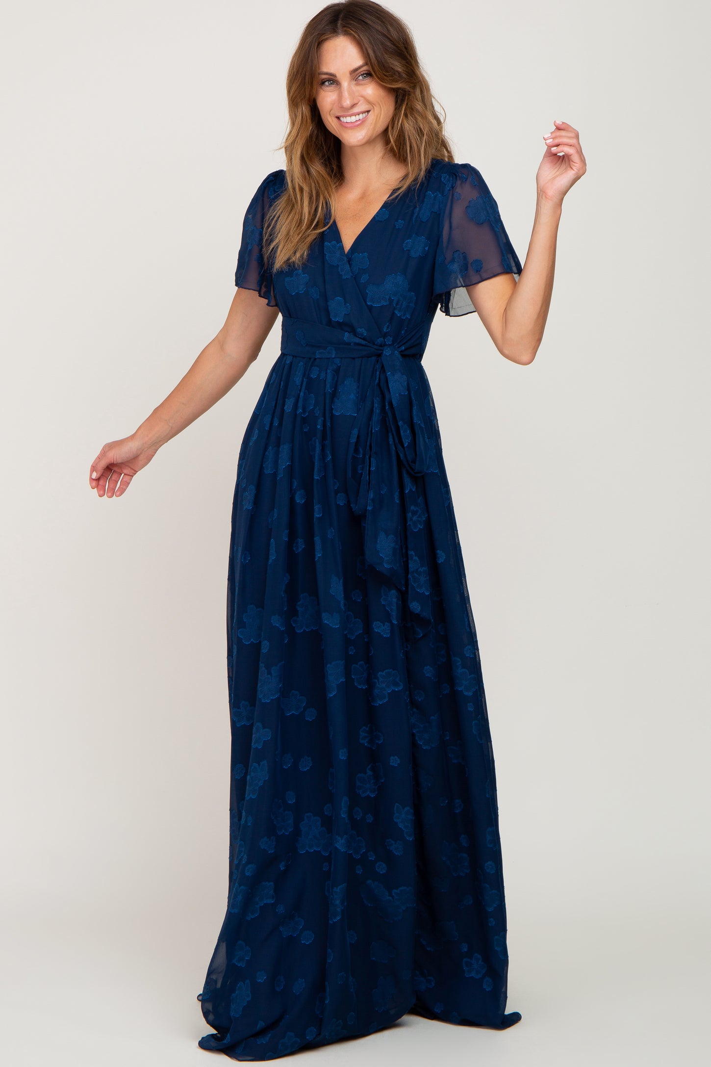 Navy Blue Floral Applique Chiffon Maxi Dress PinkBlush Navy Blue Floral Applique Chiffon Maxi Dress PinkBlush