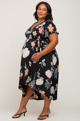 Black Floral Hi-Lo Maternity Plus Wrap Dress