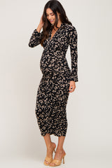 Black Printed Long Sleeve Ruched Maternity Dress